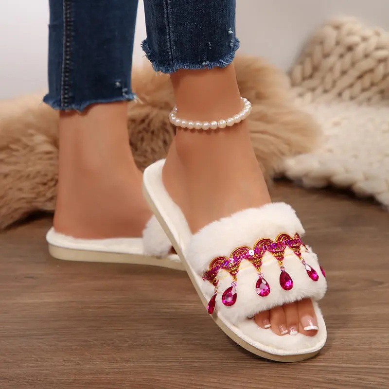 Bohemia Crystal Tassels Decoration Cotton Slides Women 2025 Autumn Warm Short Plush Outdoor Slippers Soft Flat Heel Furry Slides
