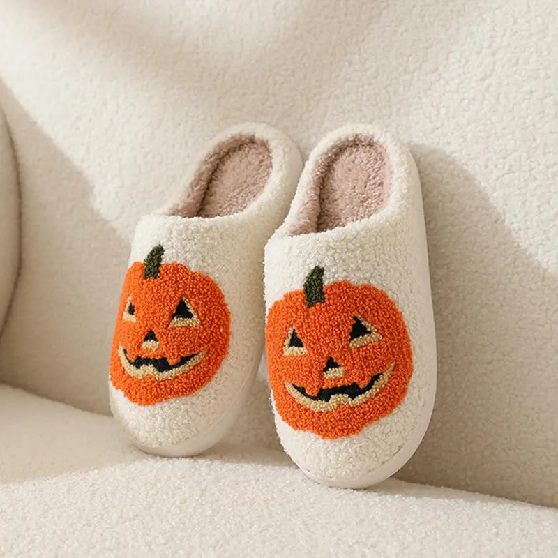 Halloween Pumpkin Decoration Cotton Slippers Women 2025 Winter Comfort Non Slip Indoor Slides Warm Short Plush Couple Slipper