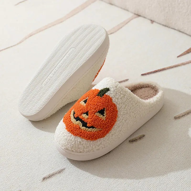 Halloween Pumpkin Decoration Cotton Slippers Women 2025 Winter Comfort Non Slip Indoor Slides Warm Short Plush Couple Slipper