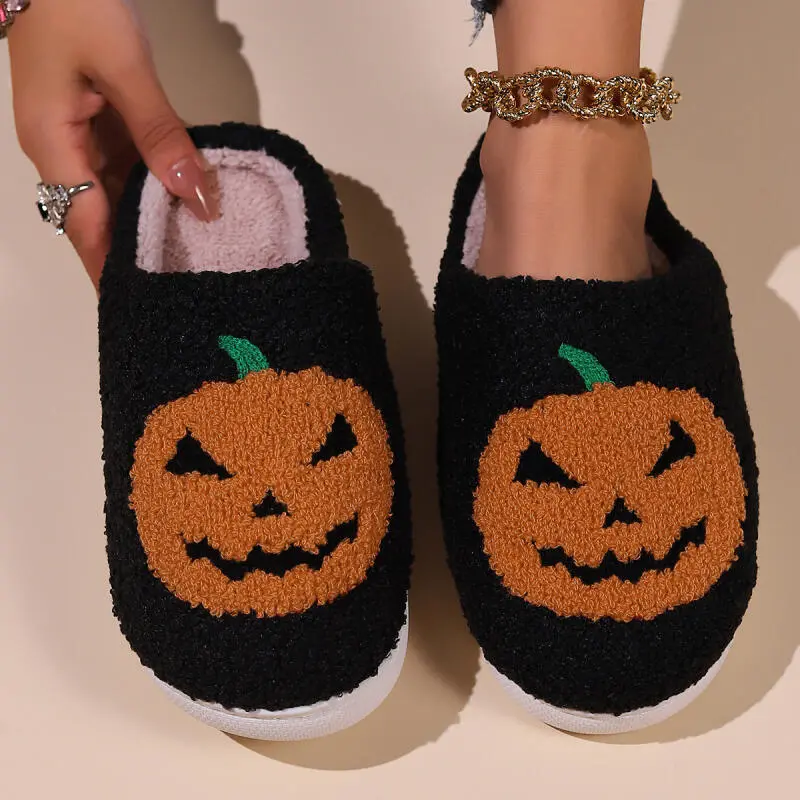 Halloween Pumpkin Decoration Cotton Slippers Women 2025 Winter Comfort Non Slip Indoor Slides Warm Short Plush Couple Slipper
