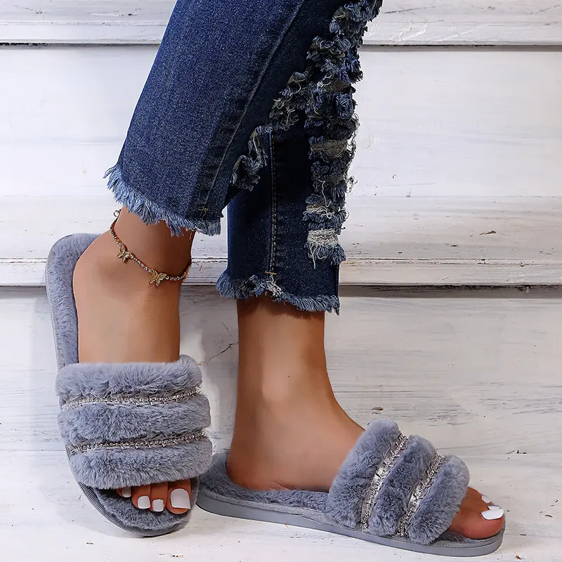 Elegant Ruffled Ribbon Decoration Cotton Slides Women 2025 Winter Warm Short Plush Indoor Slippers Soft Non Slip Bedroom Slipper