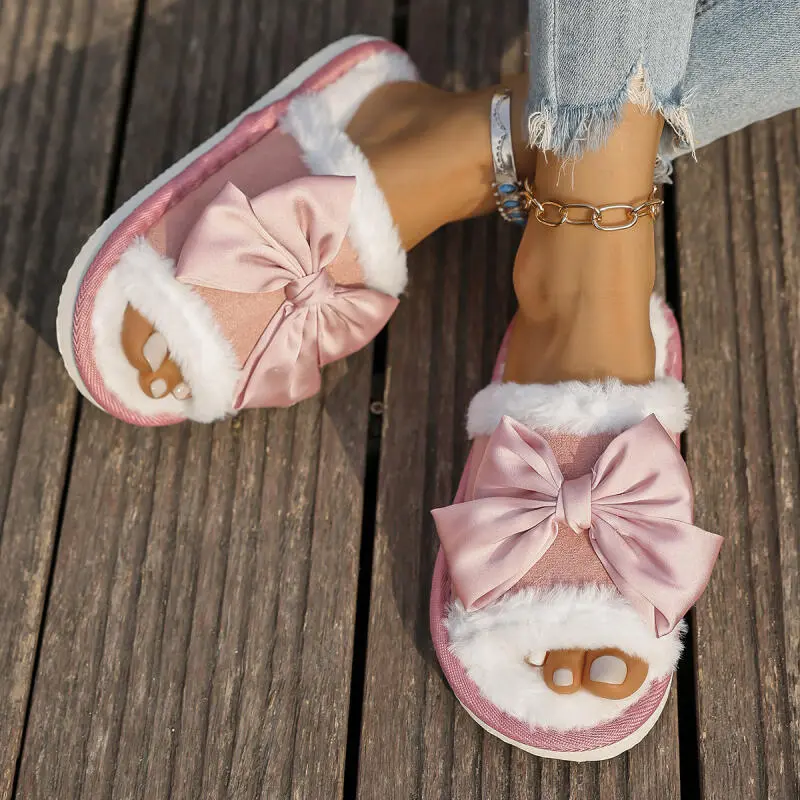 Sweet Bowknot Decoration Furry Indoor Slides Women 2025 Winter Warm Short Plush Slippers Soft Non Slip Faux Fur Bedroom Slippers