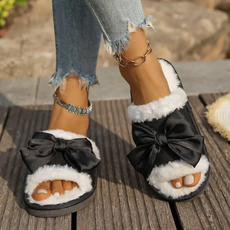 Sweet Bowknot Decoration Furry Indoor Slides Women 2025 Winter Warm Short Plush Slippers Soft Non Slip Faux Fur Bedroom Slippers