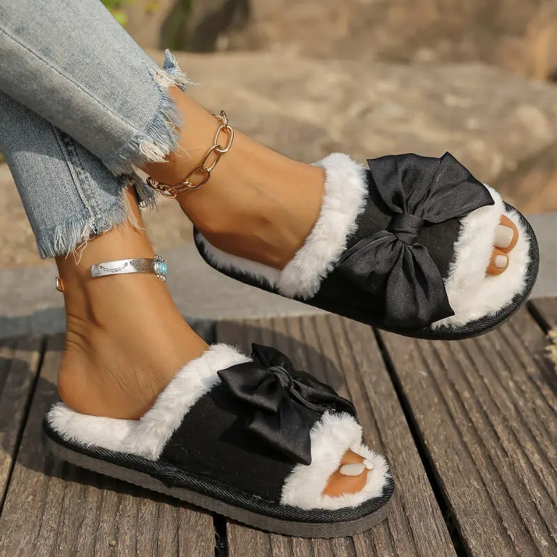 Sweet Bowknot Decoration Furry Indoor Slides Women 2025 Winter Warm Short Plush Slippers Soft Non Slip Faux Fur Bedroom Slippers