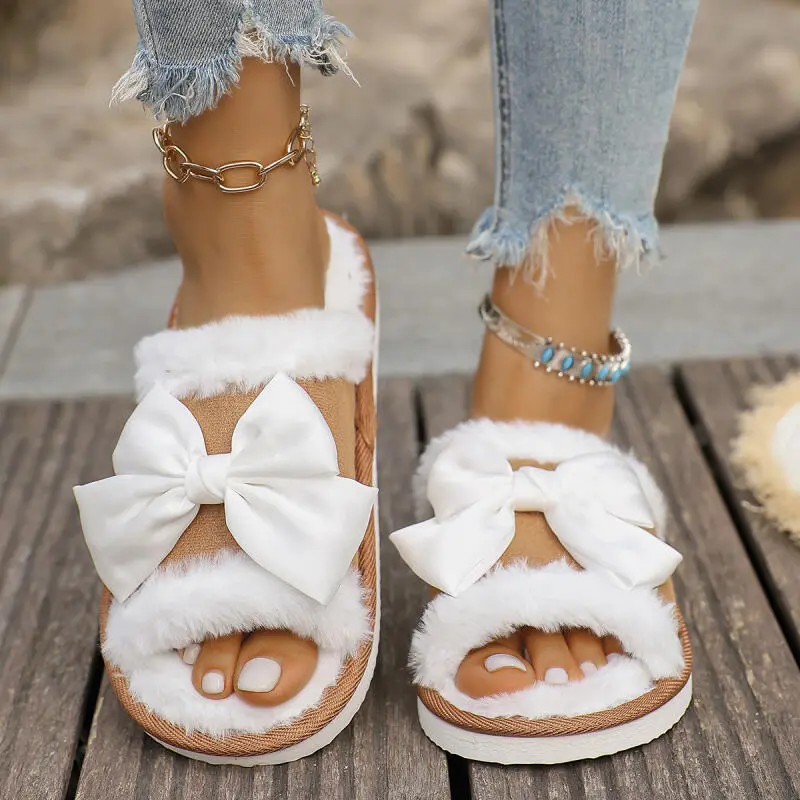 Sweet Bowknot Decoration Furry Indoor Slides Women 2025 Winter Warm Short Plush Slippers Soft Non Slip Faux Fur Bedroom Slippers