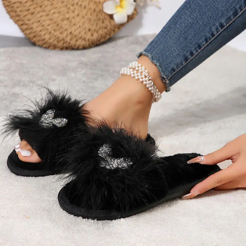 Brand Design Glitter Heart Furry Slides Women 2025 Winter Mix Color Soft Faux Fur Slippers Warm Short Plush Indoor Slippers