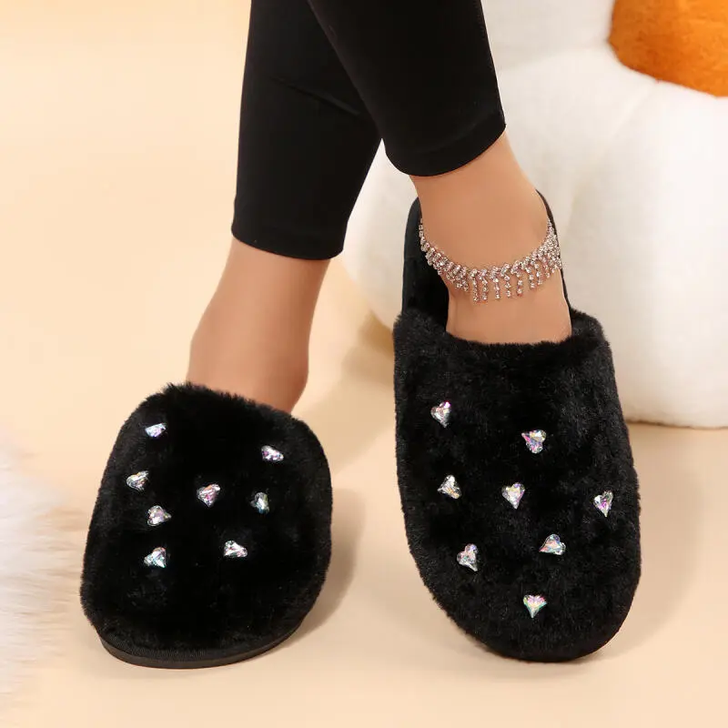 Fashion Glitter Heart Decoration Furry Mules Slippers Women 2025 Winter Warm Short Plush Cover Toe Slippers Soft Fur Slippers