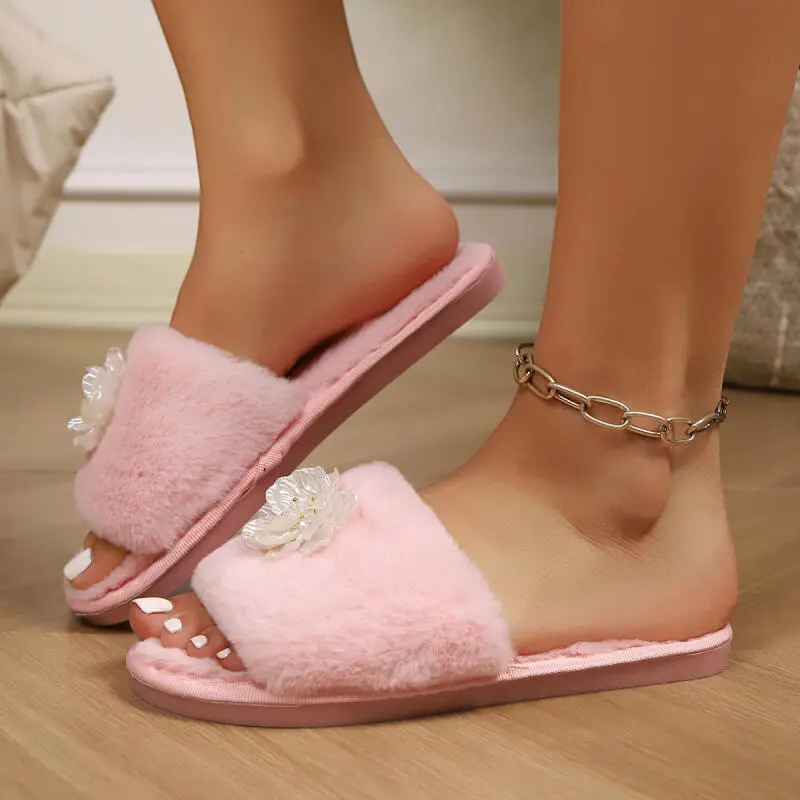Fashion Mesh Flower Decoration Furry Slippers Women 2025 Winter Luxury Faux Fur Indoor Slides Warm Short Plush Home Slippers