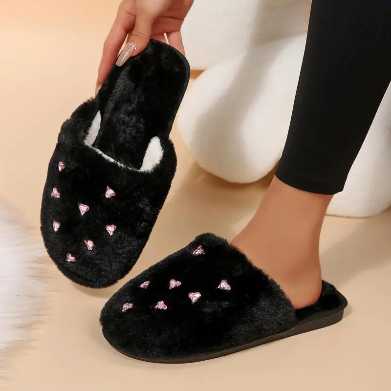 Fashion Glitter Heart Decoration Furry Mules Slippers Women 2025 Winter Warm Short Plush Cover Toe Slippers Soft Fur Slippers