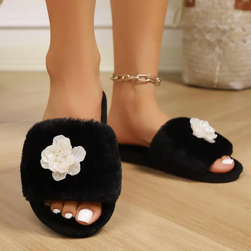 Fashion Mesh Flower Decoration Furry Slippers Women 2025 Winter Luxury Faux Fur Indoor Slides Warm Short Plush Home Slippers