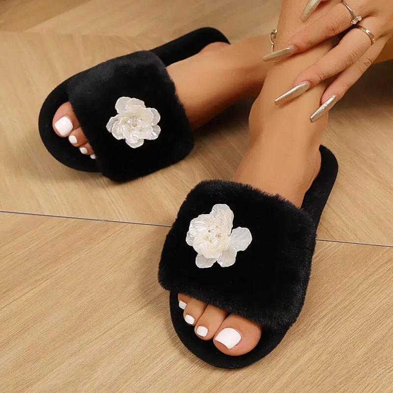 Fashion Mesh Flower Decoration Furry Slippers Women 2025 Winter Luxury Faux Fur Indoor Slides Warm Short Plush Home Slippers
