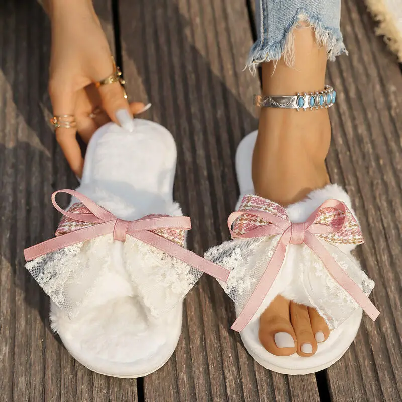 Fashion Lace Bowknot Faux Fur Slides Women 2025 Winter Warm Short Plush Non Slip Indoor Slippers Soft Sole Sweet Furry Slippers