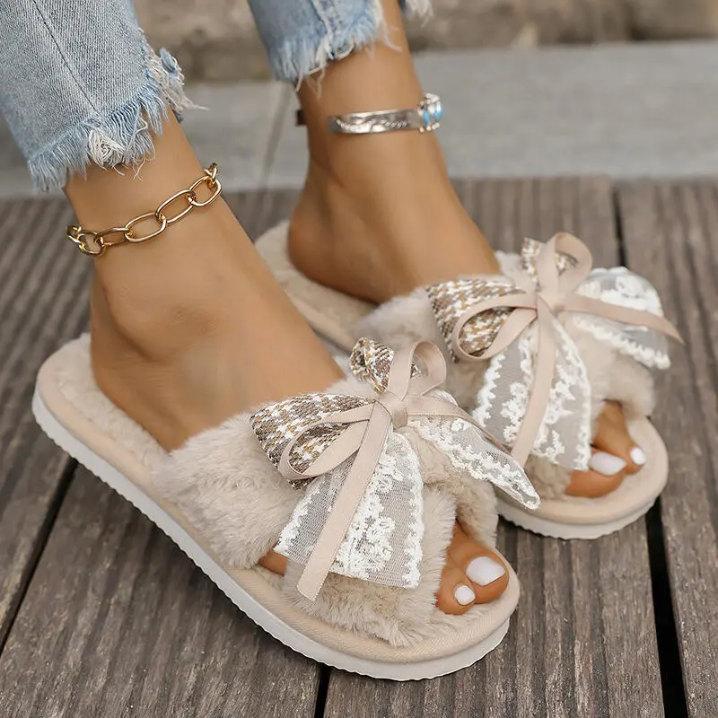 Fashion Lace Bowknot Faux Fur Slides Women 2025 Winter Warm Short Plush Non Slip Indoor Slippers Soft Sole Sweet Furry Slippers