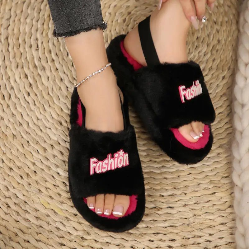 Fashion Hot Pink Mix Color Furry Slippers Warm Short Plush Back Strap Indoor Slides Soft Thick Bottom Non Slip Bedroom Slippers