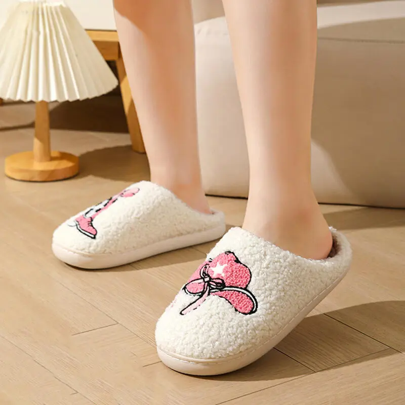 Fashion Mix Color Embroidery Cotton Indoor Slippers Women 2025 Winter Comfort Non Slip Bedroom Slides Warm Short Plush Slippers