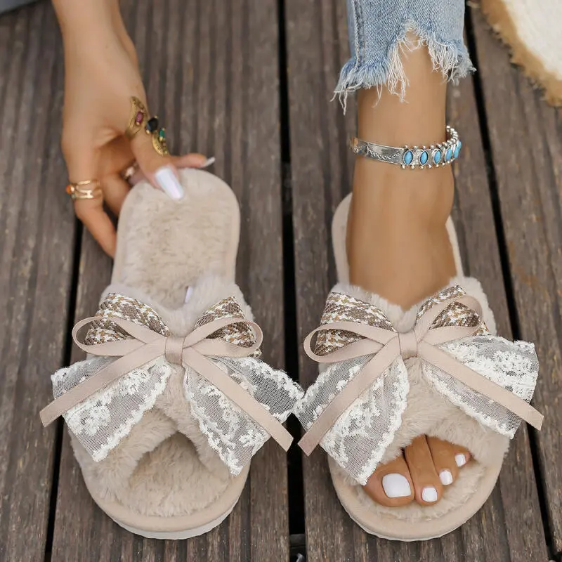 Fashion Lace Bowknot Faux Fur Slides Women 2025 Winter Warm Short Plush Non Slip Indoor Slippers Soft Sole Sweet Furry Slippers