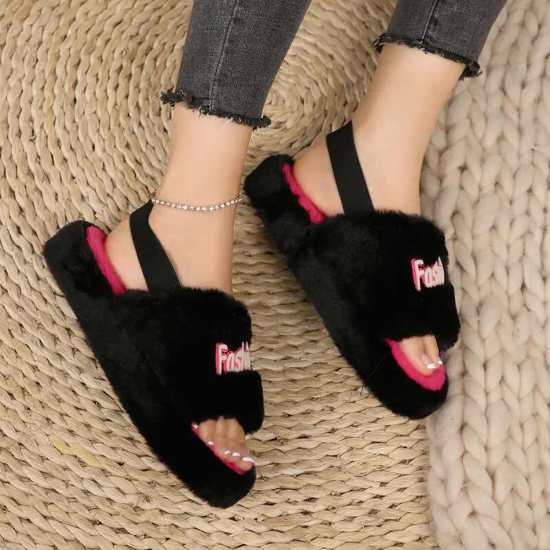 Fashion Hot Pink Mix Color Furry Slippers Warm Short Plush Back Strap Indoor Slides Soft Thick Bottom Non Slip Bedroom Slippers