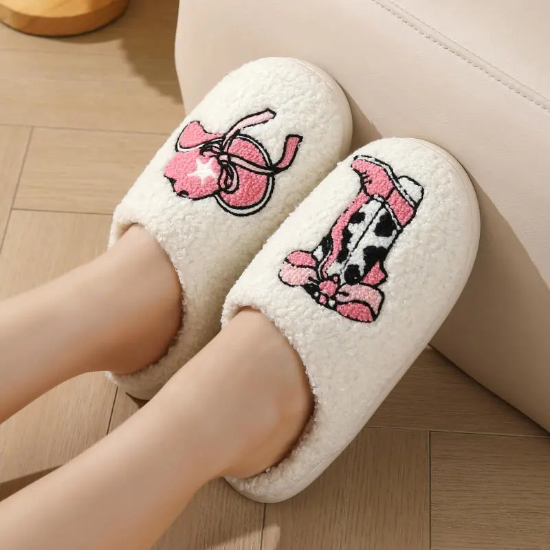 Fashion Mix Color Embroidery Cotton Indoor Slippers Women 2025 Winter Comfort Non Slip Bedroom Slides Warm Short Plush Slippers