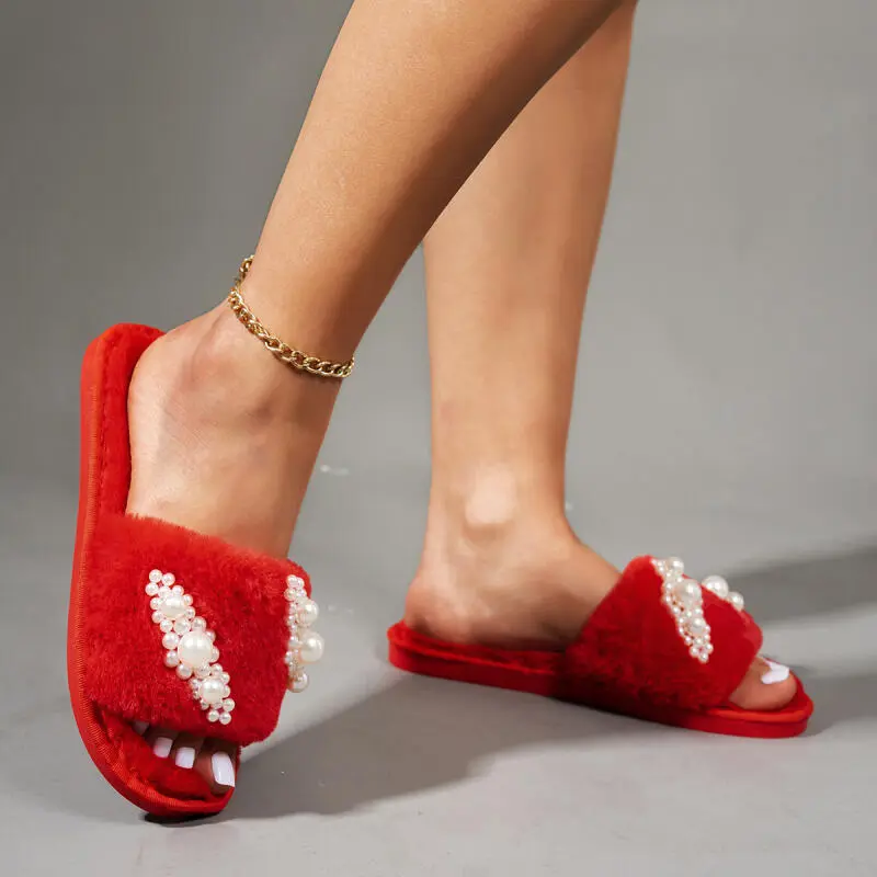 Luxury Pearl Decoration Red Furry Slippers Women 2025 Winter Warm Short Plush Non Slip Indoor Slippers Soft Flat Heel Slides
