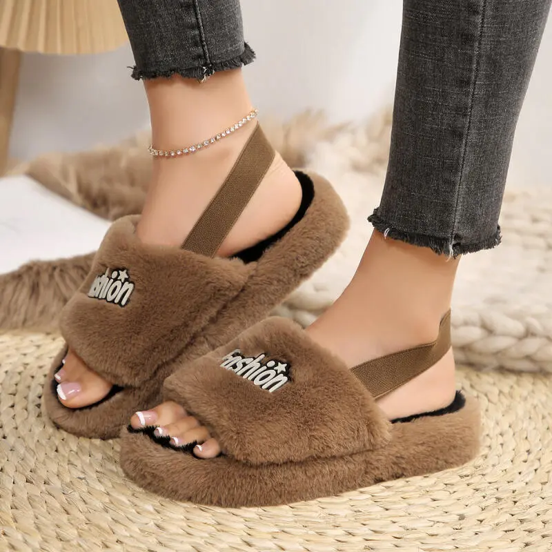 Fashion Hot Pink Mix Color Furry Slippers Warm Short Plush Back Strap Indoor Slides Soft Thick Bottom Non Slip Bedroom Slippers