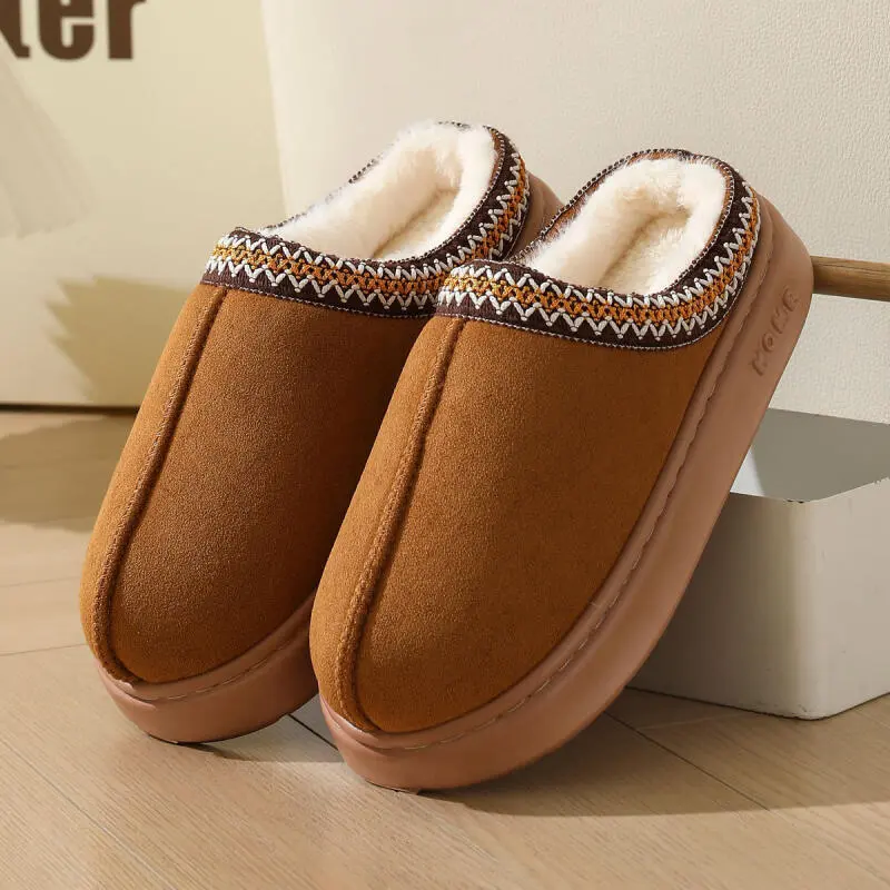Fashion Ethnic Embroidery Cotton Slippers Women 2025 Winter Warm Short Plush Couple Slides Faux Fur Non Slip Indoor Slippers