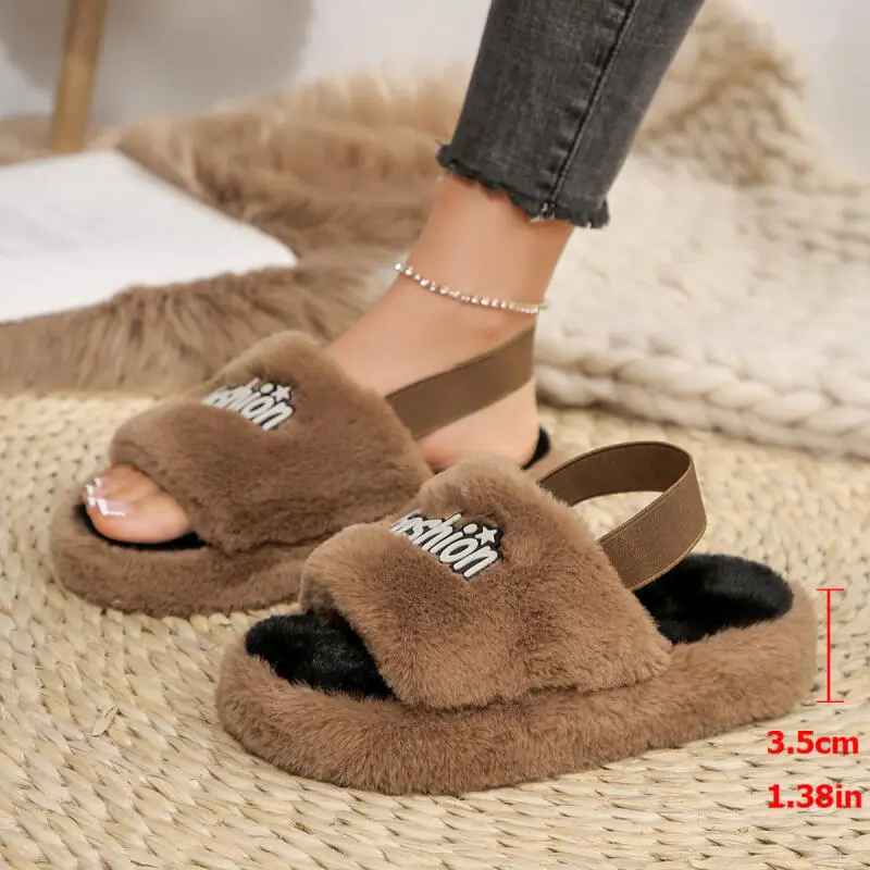 Fashion Hot Pink Mix Color Furry Slippers Warm Short Plush Back Strap Indoor Slides Soft Thick Bottom Non Slip Bedroom Slippers
