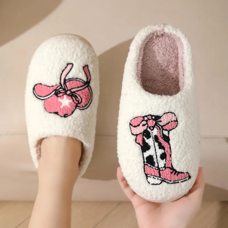 Fashion Mix Color Embroidery Cotton Indoor Slippers Women 2025 Winter Comfort Non Slip Bedroom Slides Warm Short Plush Slippers