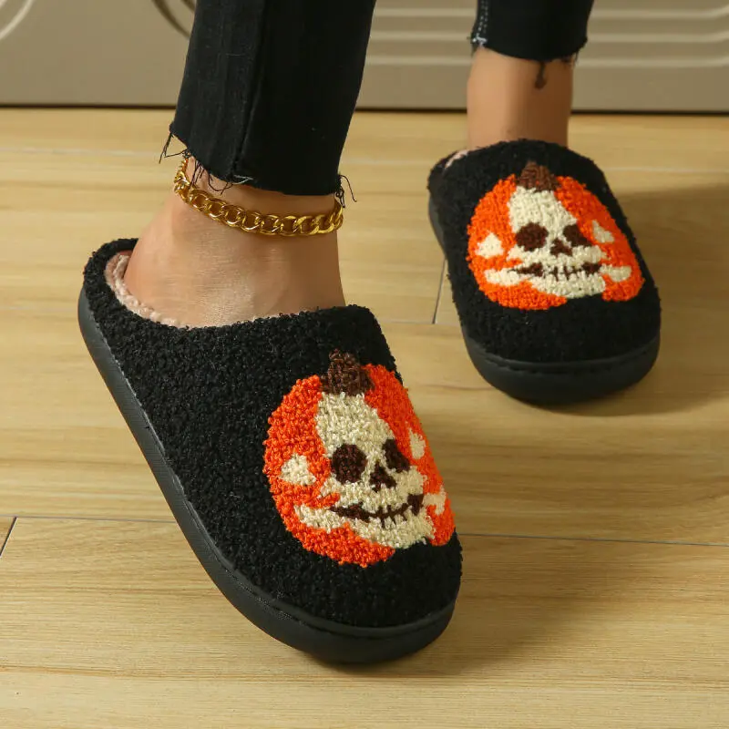 Halloween Warm Plush Indoor Cotton Slippers Women 2025 Winter Fluffy Fur Couple Home Slippers Pumpkin Decoration Unisex Slides