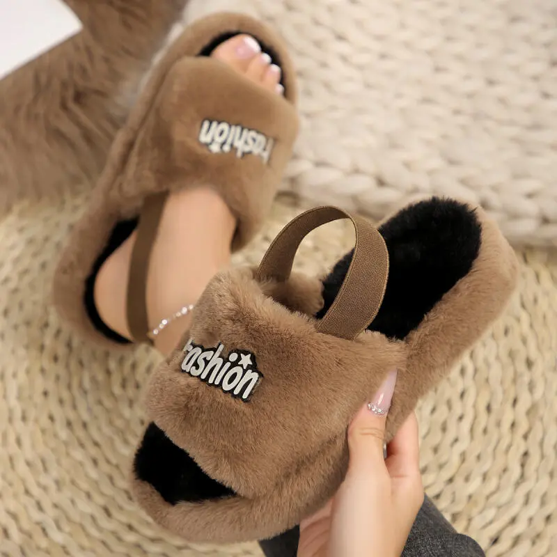Fashion Hot Pink Mix Color Furry Slippers Warm Short Plush Back Strap Indoor Slides Soft Thick Bottom Non Slip Bedroom Slippers
