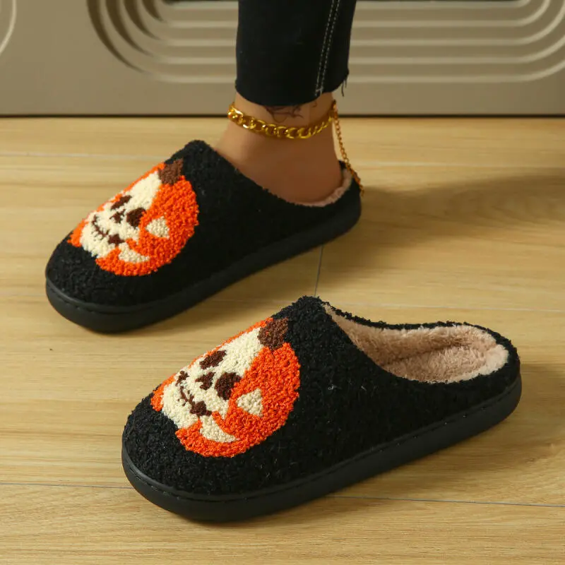 Halloween Warm Plush Indoor Cotton Slippers Women 2025 Winter Fluffy Fur Couple Home Slippers Pumpkin Decoration Unisex Slides