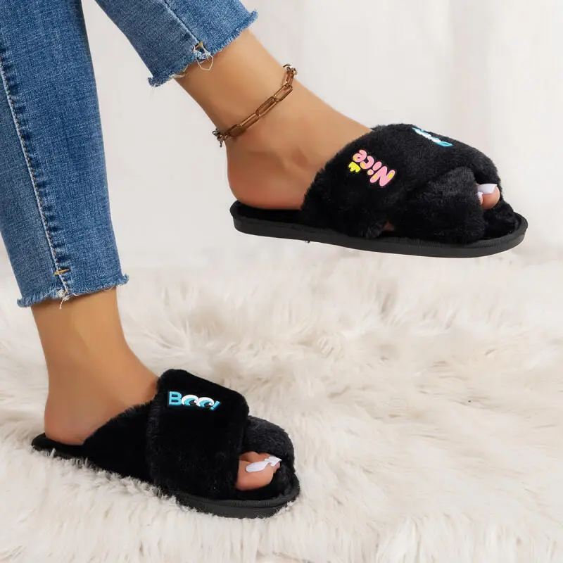 Cute Cartoon Decoration Faux Fur Slides Women 2025 Winter Fashion Cross Strap Furry Indoor Slippers Warm Short Plush Slippers