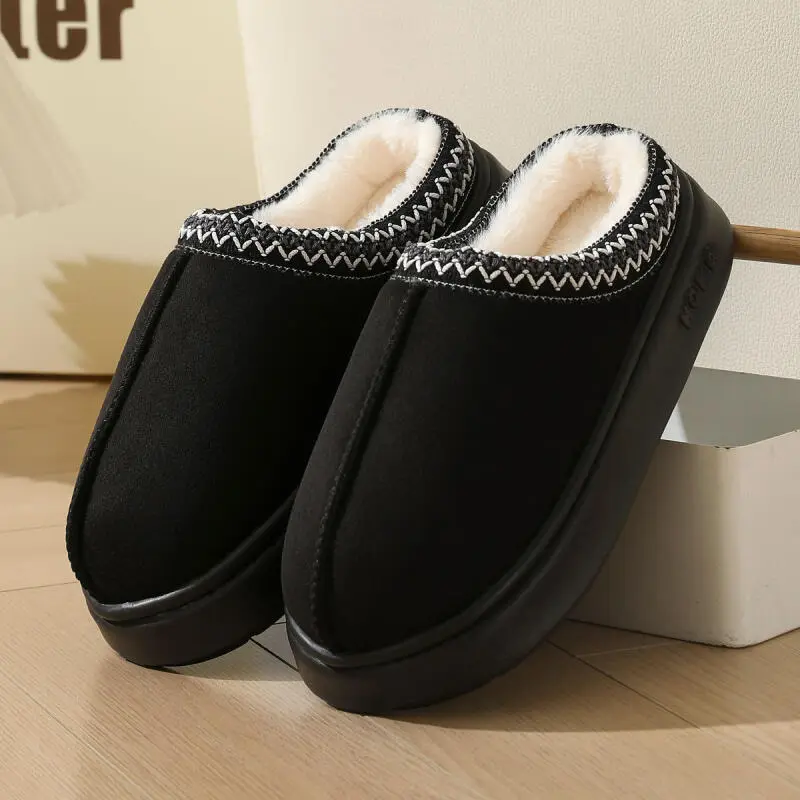 Fashion Ethnic Embroidery Cotton Slippers Women 2025 Winter Warm Short Plush Couple Slides Faux Fur Non Slip Indoor Slippers