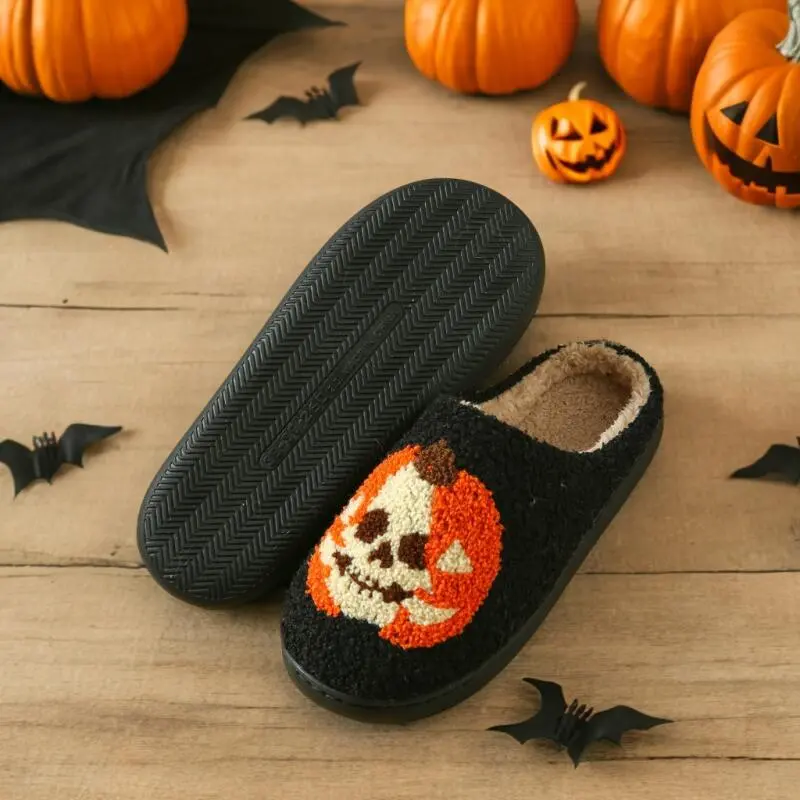 Halloween Warm Plush Indoor Cotton Slippers Women 2025 Winter Fluffy Fur Couple Home Slippers Pumpkin Decoration Unisex Slides