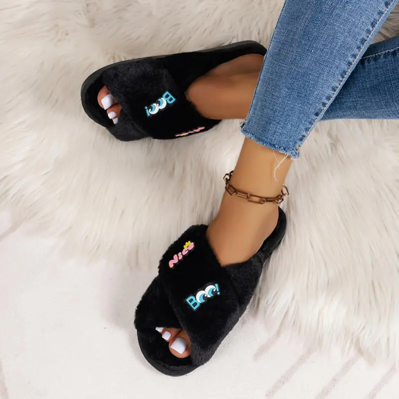Cute Cartoon Decoration Faux Fur Slides Women 2025 Winter Fashion Cross Strap Furry Indoor Slippers Warm Short Plush Slippers