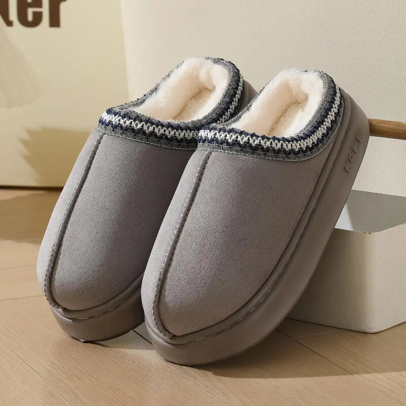 Fashion Ethnic Embroidery Cotton Slippers Women 2025 Winter Warm Short Plush Couple Slides Faux Fur Non Slip Indoor Slippers