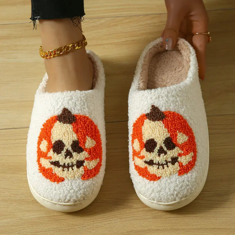 Halloween Warm Plush Indoor Cotton Slippers Women 2025 Winter Fluffy Fur Couple Home Slippers Pumpkin Decoration Unisex Slides