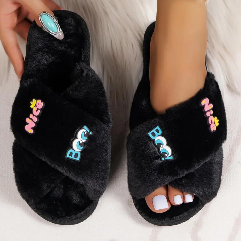 Cute Cartoon Decoration Faux Fur Slides Women 2025 Winter Fashion Cross Strap Furry Indoor Slippers Warm Short Plush Slippers