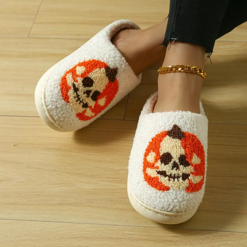 Halloween Warm Plush Indoor Cotton Slippers Women 2025 Winter Fluffy Fur Couple Home Slippers Pumpkin Decoration Unisex Slides