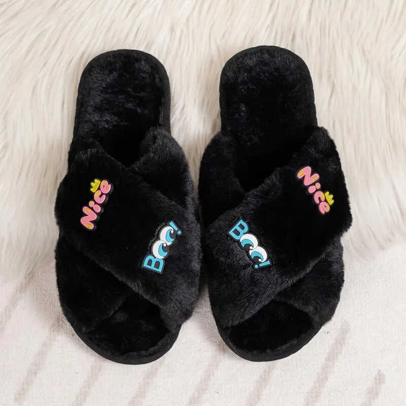 Cute Cartoon Decoration Faux Fur Slides Women 2025 Winter Fashion Cross Strap Furry Indoor Slippers Warm Short Plush Slippers