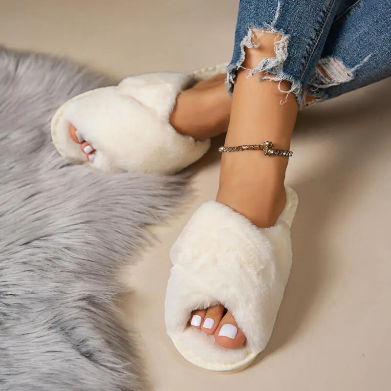 Elegant Solid Beige Faux Fur Slippers Women 2025 Winter Warm Short Plush Indoor Slides Soft Sole Non Slip Bedroom Slippers