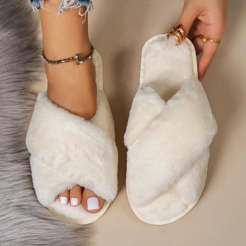 Elegant Solid Beige Faux Fur Slippers Women 2025 Winter Warm Short Plush Indoor Slides Soft Sole Non Slip Bedroom Slippers