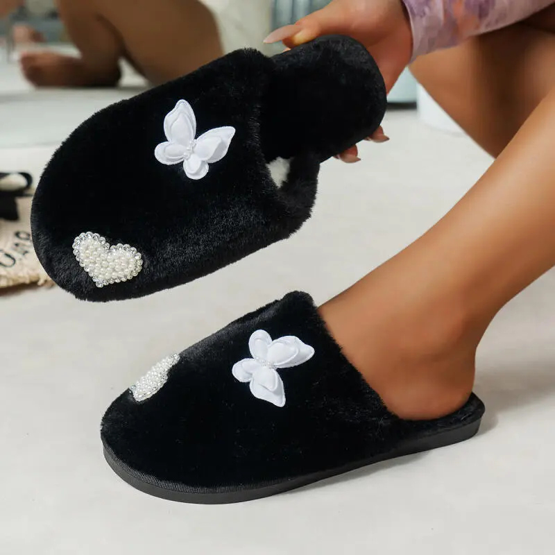 Elegant Butterfly Decoration Cotton Slides Women 2025 Winter Warm Short Plush Indoor Slippers Comfort Soft Sole Bedroom Slippers