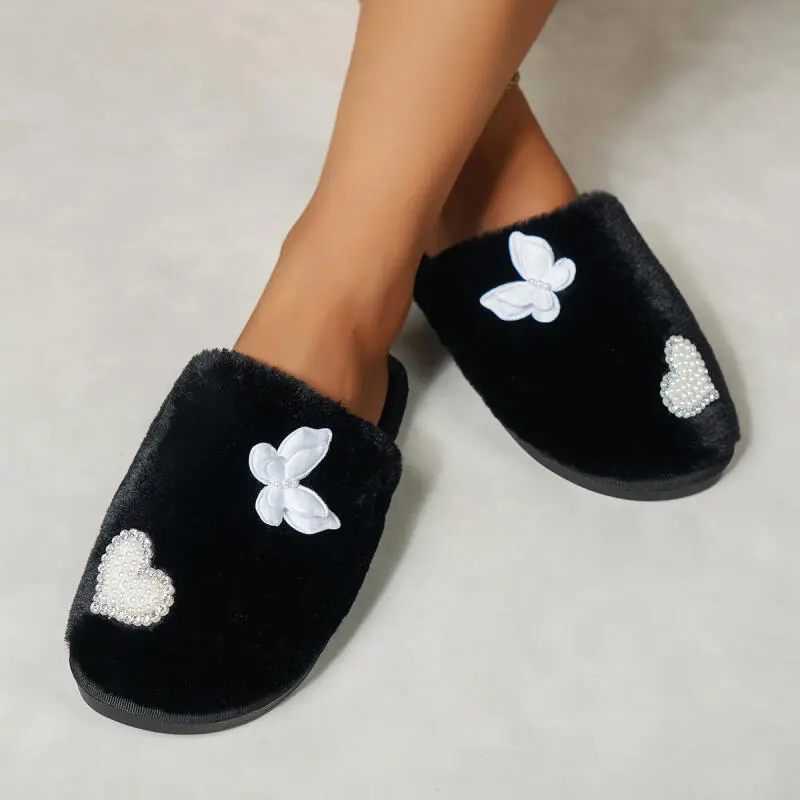 Elegant Butterfly Decoration Cotton Slides Women 2025 Winter Warm Short Plush Indoor Slippers Comfort Soft Sole Bedroom Slippers
