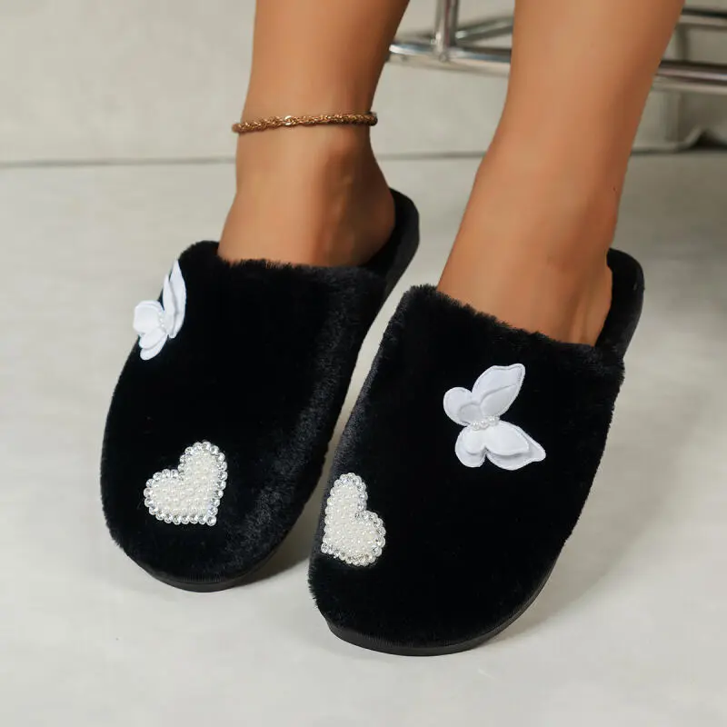 Elegant Butterfly Decoration Cotton Slides Women 2025 Winter Warm Short Plush Indoor Slippers Comfort Soft Sole Bedroom Slippers