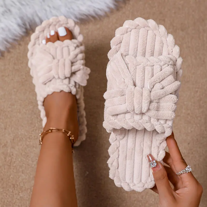Fashion Bowknot Decoration Corduroy Slippers Women 2025 Winter Warm Cotton Non Slip Indoor Slides Comfort Flat Heel Slippers