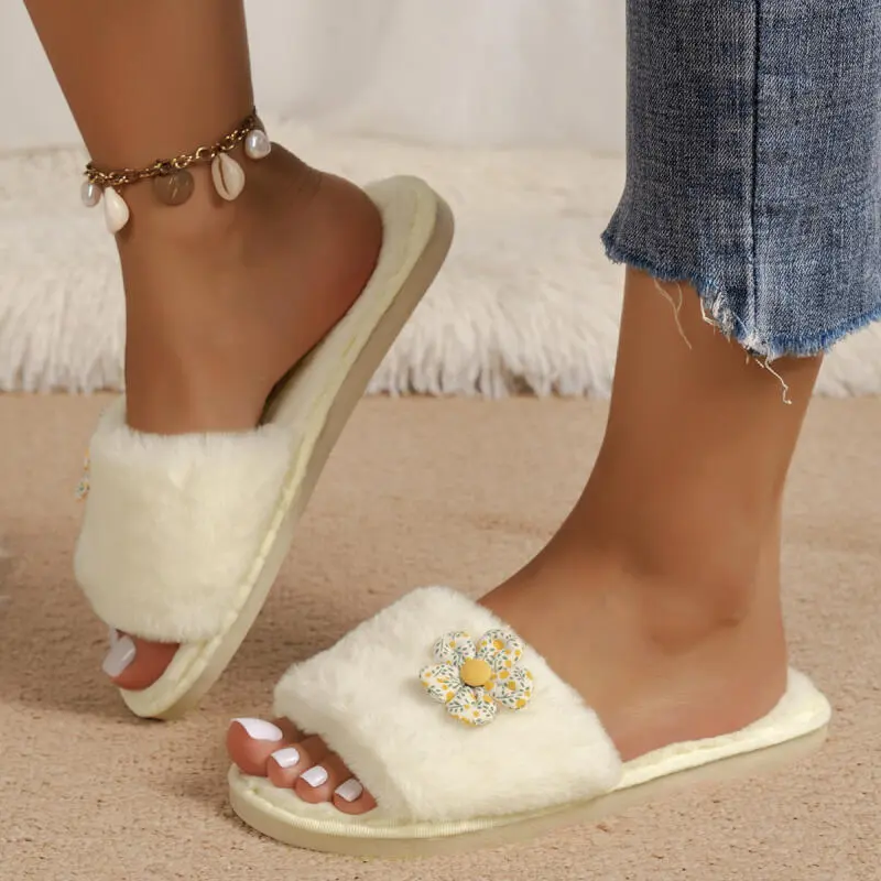 Sweet Flower Decoration Faux Fur Slides Women 2025 Winter Warm Short Plush Indoor Slippers Soft Flat Heel Furry Bedroom Slides