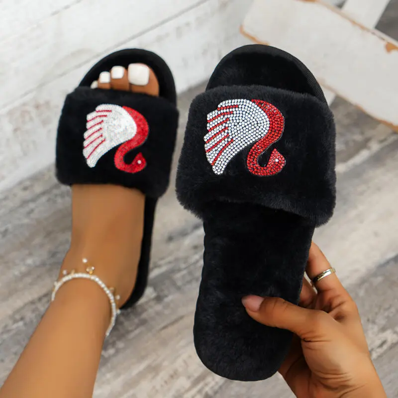 Fashion Mix Color Glitter Furry Slides Women 2025 Winter Warm Short Plush Indoor Slippers Soft Fur Non Slip Bedroom Slippers