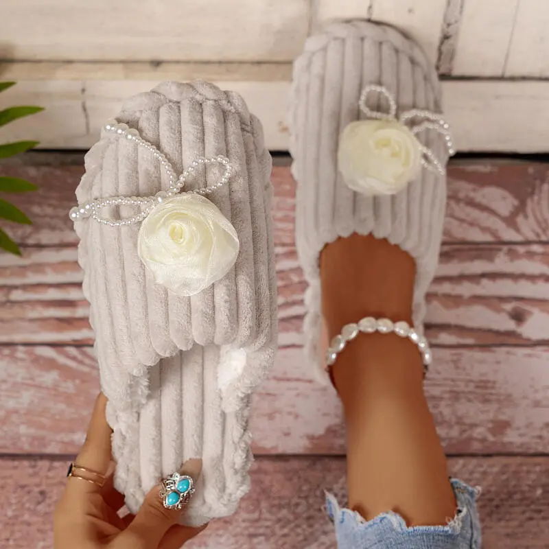 Luxury Pearl Flower Decoration Cotton Slides Women 2025 Winter Warm Corduroy Non Slip Indoor Slippers Soft Flat Heel Slippers