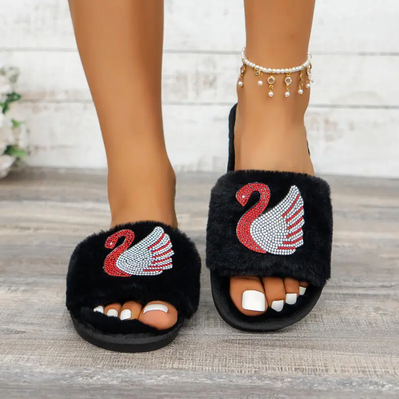 Fashion Mix Color Glitter Furry Slides Women 2025 Winter Warm Short Plush Indoor Slippers Soft Fur Non Slip Bedroom Slippers