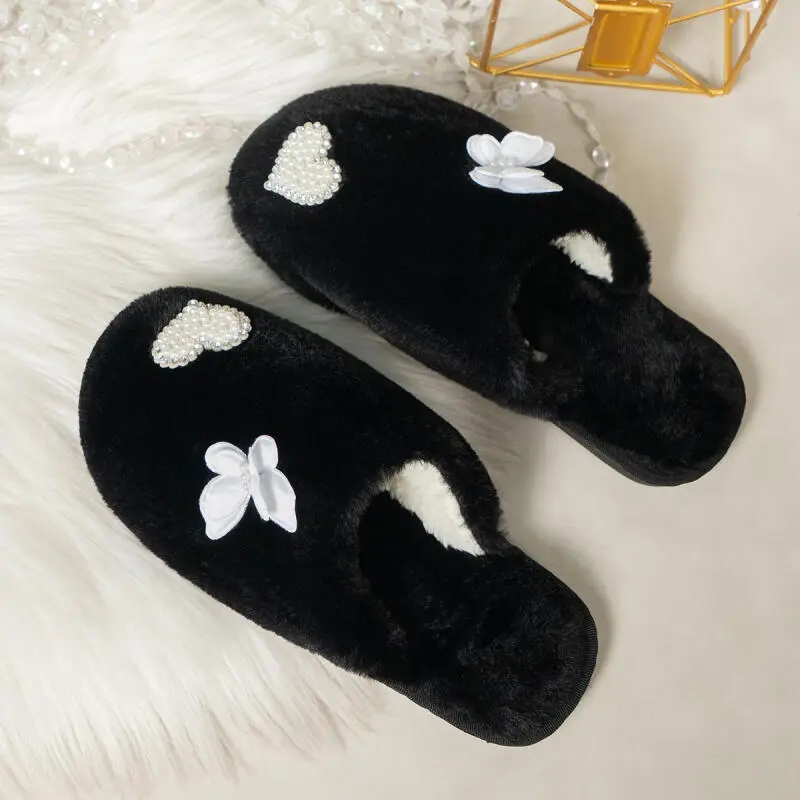 Elegant Butterfly Decoration Cotton Slides Women 2025 Winter Warm Short Plush Indoor Slippers Comfort Soft Sole Bedroom Slippers